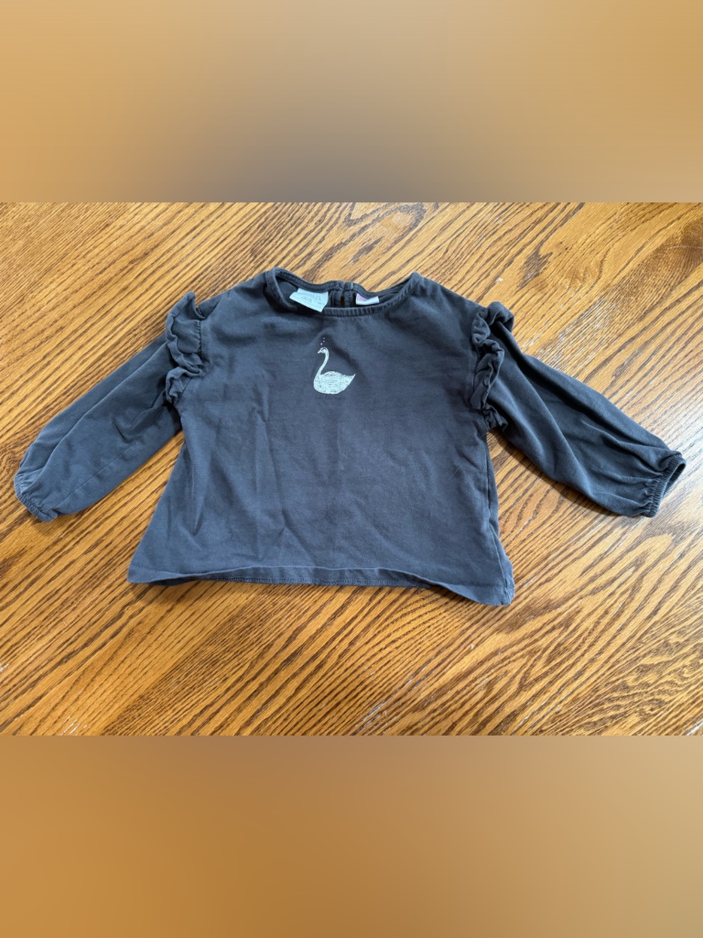 Zara 12-18 month Toddler Girl Long Sleeve Swan Lake Top - Charcoal Gray Ruffles